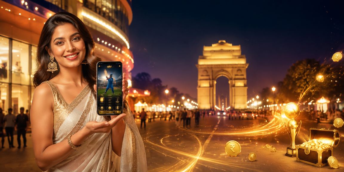 Indian Gate Delhi panorama with cricket betting themes at night