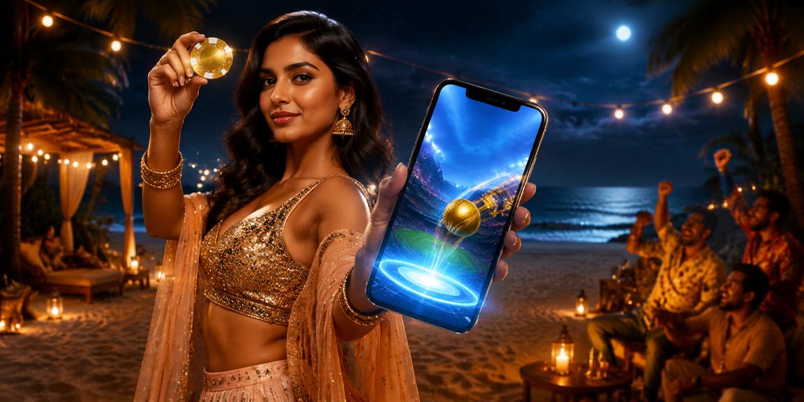 Promotional banner featuring IPL cricket and casino games in Bollywood style