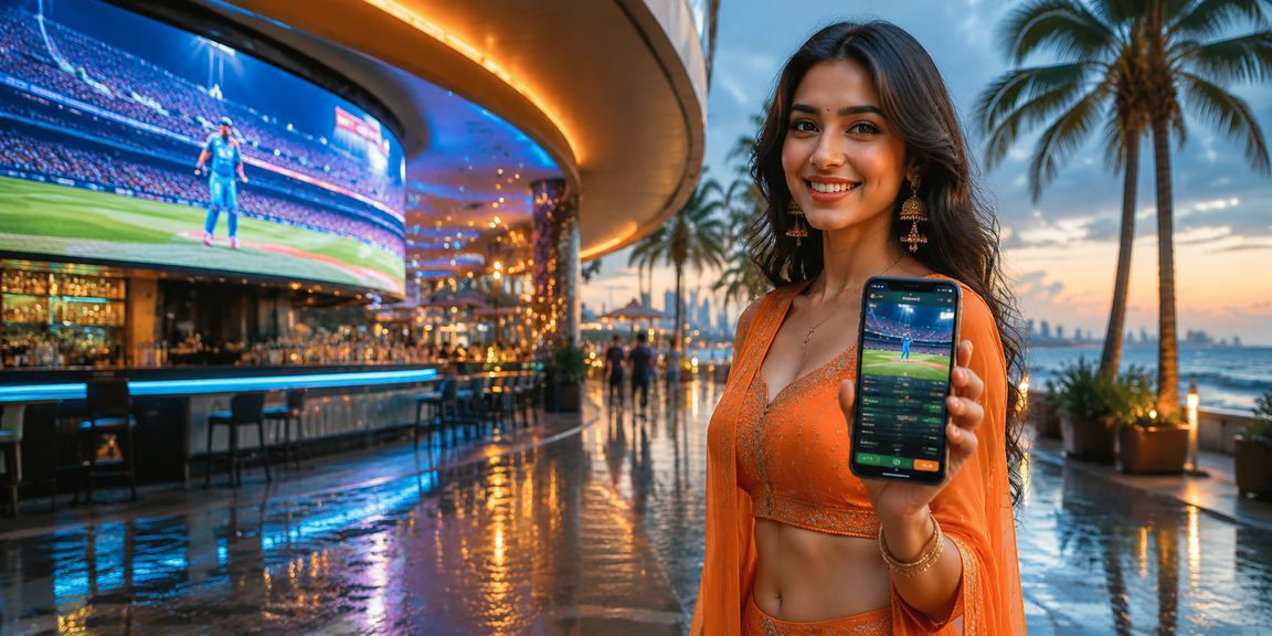 Neon-lit cricket betting scene in India with mobile gaming