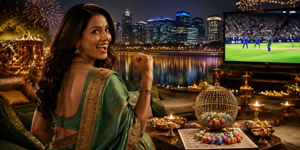 Player enjoying Andar Bahar game on mobile device in festive Indian setting